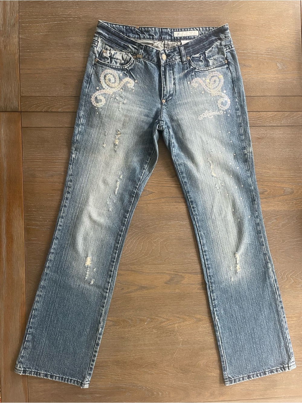 Akademiks Deadstock Blue Rhinestone-Embellished Bootcut Jeans